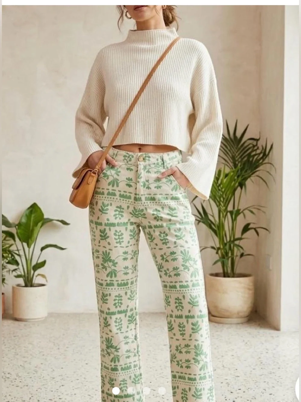 Zara Folk Inspired Linen Blend Trousers – Green Botanical Print, Sand